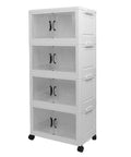 Heavy Duty Four Tier Wheeled Storage Cart With Lids Stackable Foldable Plastic Organizer Bins in white with clear fronts.