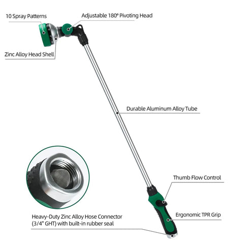 30 Inch Garden Hose Wand With 10 Spray Patterns And Thumb Control, pivoting head sprayer in aluminum zinc alloy