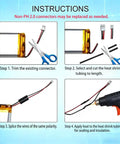 Instructions for replacing non-PH 2.0 connectors on Rechargeable 3.7V 300mAh Lithium Polymer Battery.