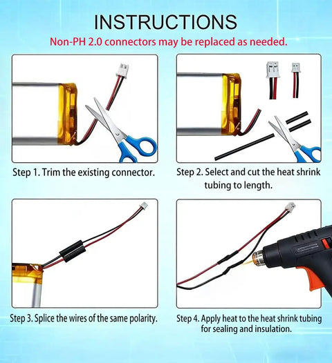 Instructions for replacing non-PH 2.0 connectors on Rechargeable 3.7V 300mAh Lithium Polymer Battery.