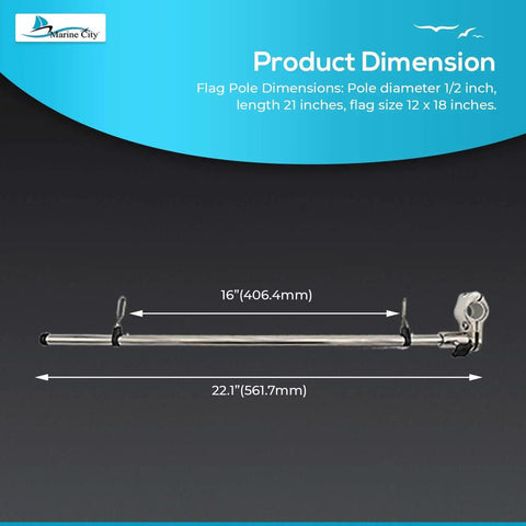 Rail Mount Flag Pole Base Set With 12 By 18 Inch American Flag, 304 stainless steel dimensions diagram