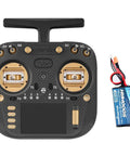 TX15 Max 3.5 Inch IPS Touchscreen Radio Controller With ExpressLRS Long Range AG02 CNC Hall Gimbal front view with battery