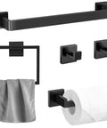 All In One 5 Piece Matte Black Stainless Steel Bathroom Hardware Set For Wall Mounted Towel Bars and Accessories Durable Rust Resistant Towel Rack Robe Hook Toilet Paper Holder 23.6 Inch