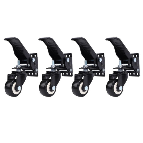 Hella Sturdy Workbench Casters Kit With Pedal Operated Lift Lower Mechanism features four black swivel wheels with steel brackets.