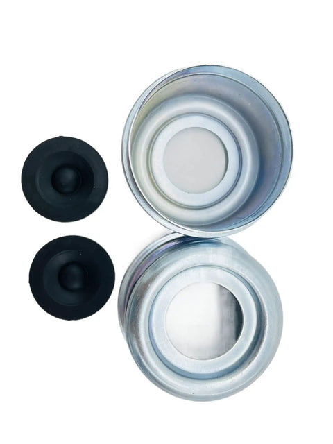 Two And Three Eighths Inch Dust Cap Grease Cover For Two Point Four Four Dexter EZ Lube Camper Axle Trail Ready Hub Dust Cap With Grease Relief And Rubber Plugs Pack Of Four Fits LM67048 15123 Bearings, showing two caps and two rubber plugs