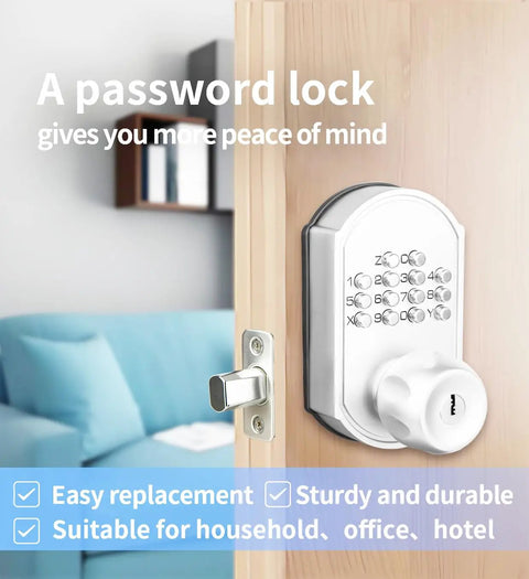 Heavy Duty Mechanical Deadbolt Lock With Weatherproof Keypad Chrome Finish Battery Free Entry Setup For Doors visible on wooden door.
