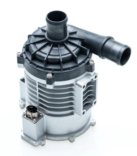 Electric Water Pump For EV Cooling Systems 9V To 32V featuring a compact aluminum body and integrated coolant hose for effective thermal management.