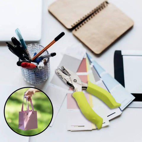 Soft Grip Hole Punch Set With Two Handy Mini Punches In One Quarter Inch And One Eighth Inch for Scrapbooks on desk with notebook