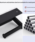 Modern Matte Black Toilet Paper Holder With Shelf, wall mounted, marble top, black metal, showing corrosion resistant features.
