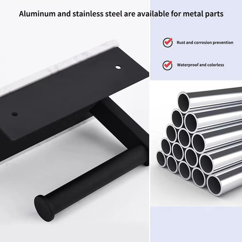 Modern Matte Black Toilet Paper Holder With Shelf, wall mounted, marble top, black metal, showing corrosion resistant features.