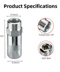Four Pack Heavy Duty Grease Gun Coupler Tips 1/8 In NPT Replacement Set For M18 M12 Cordless Grease Guns 2448 2449 2450 49-16-2649 Built Tough With Steel Construction, High PSI Safety, Smooth Snap On Fit product dimensions and threading details.