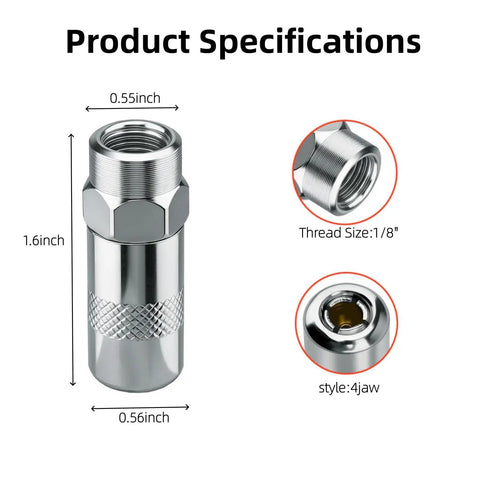 Four Pack Heavy Duty Grease Gun Coupler Tips 1/8 In NPT Replacement Set For M18 M12 Cordless Grease Guns 2448 2449 2450 49-16-2649 Built Tough With Steel Construction, High PSI Safety, Smooth Snap On Fit product dimensions and threading details.