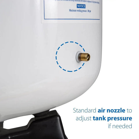 Close-up of air nozzle on 5.5 Gallon Pre Pressurized Water Storage Tank for Home RO Systems, white with stainless steel valve