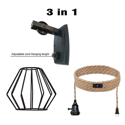 Two Pack Plug In Farmhouse Wall Sconces Set With Industrial Wheel Cage Shade In Black, 13ft Hemp Rope Cord included in parts view