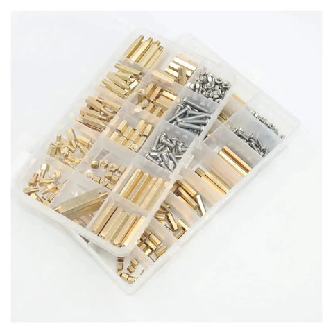Hex Standoff Spacer Kit With M2.5 M3 M4 Sizes Pro Grade Nuts Included Hobbyist Friendly For PCB Spacing And Mounting Hardware On Circuit Boards And Electronics Projects. Brass standoff kit in organizer case with mixed hex spacers and nuts