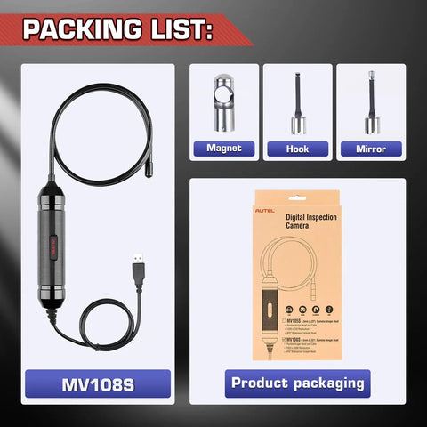 MV108S Digital Inspection Camera 1920x1080 HD 2MP Bore Scope With 8.5mm Imager Head For Tight Pipes And Narrow Corners, packing list with accessories