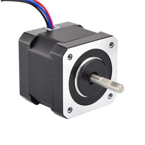 Front view of Nema 17 bipolar stepper motor with silver faceplate and black housing; 12V, 0.4A, 56.7 oz-in.