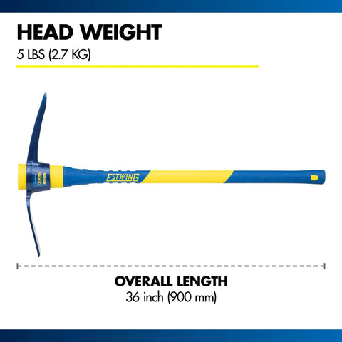 Heavy Duty 5-Pound Pick Mattock With 36-Inch Fiberglass Handle, Drop-Forged Heat-Treated Head For Breaking Hard Ground