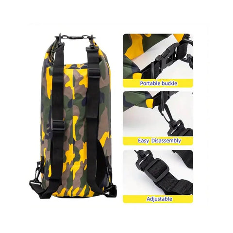 5L Roll Storage Backpack Waterproof Dry Bag with camo design, durable PVC tarpaulin, buckle details for kayaking and more