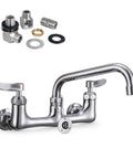Lead-Free 8" Center Wall Mount Commercial Kitchen Faucet - 8" Swivel Spout with installation parts and fittings.