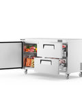 Sixty Inch Wide Commercial Undercounter Refrigerator With Drawer Door Combo Fifteen Point Three Cubic Feet Stainless Steel Worktop Fridge A Built Tough Kitchen Workhorse Holds Six Full Pans Heavy Duty Cold Storage filled with vegetables and meats.