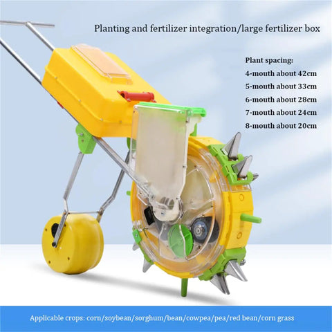 Easy To Use Handheld Seed Sower And Fertilizer Applicator With Double Row Seeder, yellow and green design, large fertilizer box