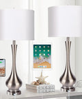 Pair Of Lit Touch Table Lamps For Bedroom And Living Room, Silver Metal Base With Fabric Shade, USB Port, 30 Inch Tall, Set Of 2