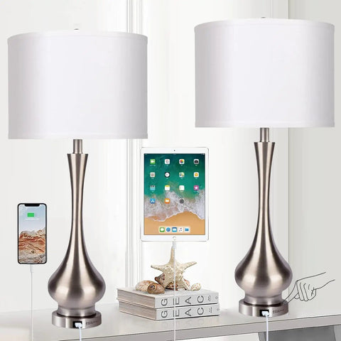 Pair Of Lit Touch Table Lamps For Bedroom And Living Room, Silver Metal Base With Fabric Shade, USB Port, 30 Inch Tall, Set Of 2