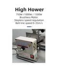 Control panel of 1500W Brushless Mini Electric Belt Sander with stepless speed regulation and belt speed settings.