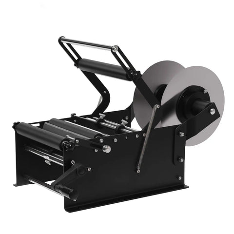 Round Bottle Labeling Machine With Handle For Wine Beer And Water showing high-speed automatic wrapping printer with rollers.