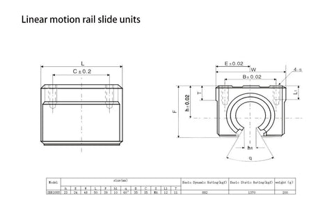 Technical diagram of Beefy Heavy Duty SBR20 Linear Motion Rail Kit 1000mm with SBR20UU Bearing Blocks for CNC Machines and 3D Printers.