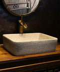 SDVantage Undermount Sink Bathroom Vessel Sink Art Countertop Basin Bathroom Utensils Sink Rectangular Ceramic Washbasin with Faucet on wooden table.