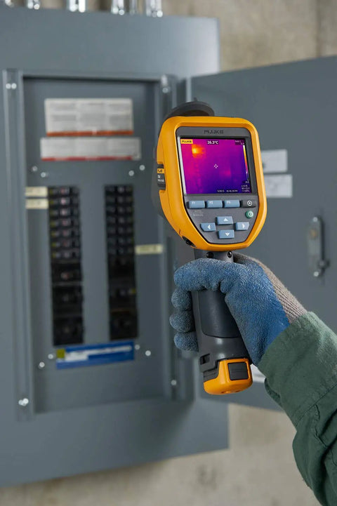 Person using Pro Grade Thermal Imager With IR Fusion, 30 Hz GT1 in front of electrical panel for quick asset diagnostics.