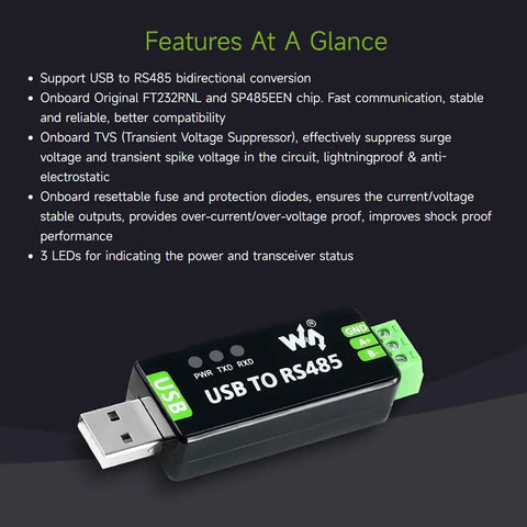 Industrial USB To RS485 Converter Two Pack With Original FT232RL Chip And SP485EEN Protection Circuitry Lightningproof Resettable Fuse ESD And TVS Protection For Rugged Industrial Control Gear USB adapter with LED status and screw terminals
