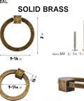 4 Pack Boss Grade Solid Brass Antique Brass Drawer Pulls Ring Handles dimensions and screws shown.