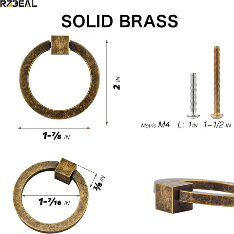 4 Pack Boss Grade Solid Brass Antique Brass Drawer Pulls Ring Handles dimensions and screws shown.