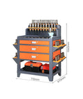 Heavy Duty Steel Workbench With Smart Storage Cabinet And Wall Pegboard For Garage Tools, featuring three drawers and hanging parts bins.