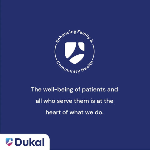 Dukal company logo with slogan 'Enhancing Family & Community Health', white text on blue background