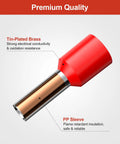 Close-up of tin-plated brass wire ferrule with red insulated sleeve, part of All In One Wire Ferrules And Terminals Kit With Insulated Sleeves, 260 Pcs, For AWG 22 To 8, Eight Types Of End Ferrules, Tin Plated Brass For Superior Conductivity, Durable Build, And A Crimp Tool For Quick, DIY Friendly Wiring.