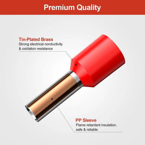 Close-up of tin-plated brass wire ferrule with red insulated sleeve, part of All In One Wire Ferrules And Terminals Kit With Insulated Sleeves, 260 Pcs, For AWG 22 To 8, Eight Types Of End Ferrules, Tin Plated Brass For Superior Conductivity, Durable Build, And A Crimp Tool For Quick, DIY Friendly Wiring.