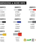 Chart of assorted wire ferrules and terminals kit for AWG 22 to 10, showing sizes and quantities, insulated copper crimp connectors details.