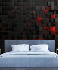 Dope Removable 3D Design Wallpaper For Bedroom And Living Room, Abstract Futuristic Cubes Wall Art behind a bed