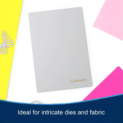 6x9 Inch Metal Cutting Plate For Die Cutting Accessories, 304 Stainless Steel, Thin Yet Tough, Pro Grade Cutting Power For Intricate Dies, Durable Silver Plate, 1 Pack shown with colorful paper.