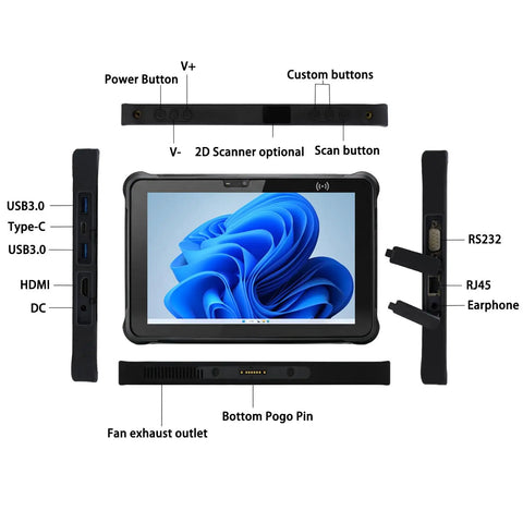 Built Tough 10.1 Inch Rugged Tablet With Windows 11 Pro And Intel Core I5 Processor 8GB Ram 256GB Storage showing ports and features.