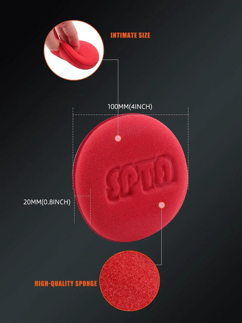 Close-up of red 10 Pack Foam Wax Applicator Pads for Car Detailing, 4 inch in size, showing texture and dimensions.