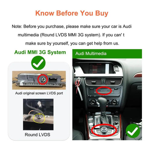 Audi Wireless CarPlay And Android Auto Retrofit Kit For A4 A5 Q5 A7 S4 S5 A6L 2009-2015 With MMI 3G System Plug And Play Car Tech Upgrade LVDS connection ports display features.