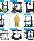 Image featuring 3D printers like Ender 3, Anet A8, CR-10S with a central focus on one of the Eight 0.6mm MK8 Extruder Nozzles for 3D Printers.