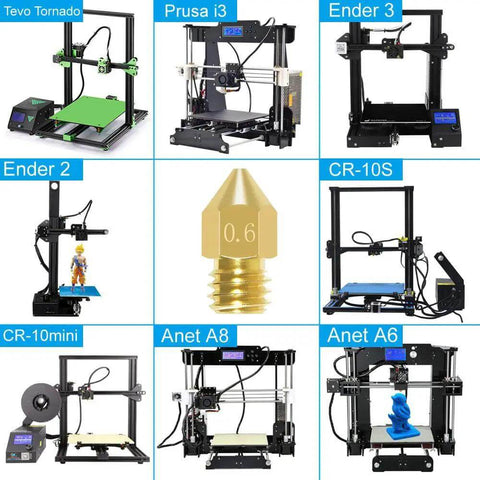 Image featuring 3D printers like Ender 3, Anet A8, CR-10S with a central focus on one of the Eight 0.6mm MK8 Extruder Nozzles for 3D Printers.