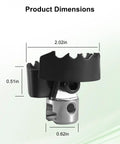Beefy 2 Inch Spiral Drain Cutter dimensions shown, measuring 2.02in wide, 0.51in high, and 0.62in deep for K50 K400 K3800 machines.