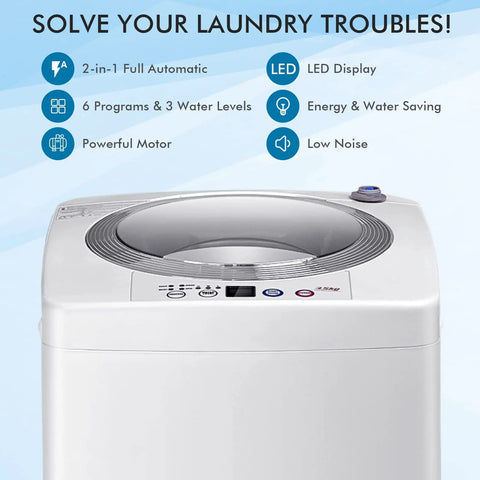 Top view of Full Auto Portable Washing Machine, 8 Pounds Compact Laundry Washer Spin Dryer Combo With Led Display, highlighting controls.